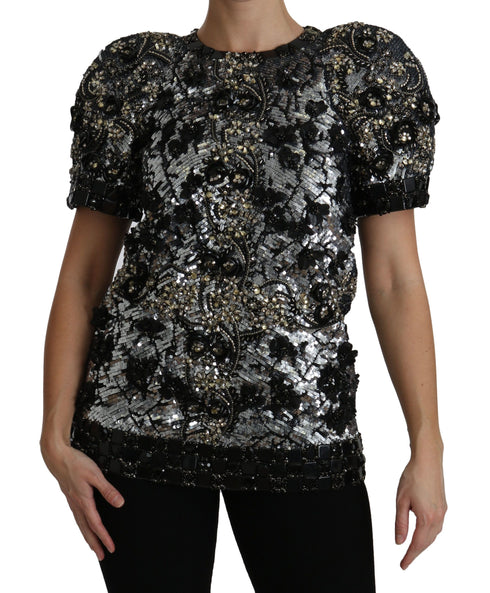 Dolce & Gabbana Black Sequined Crystal Embellished Top Blouse