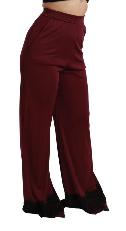 Dolce & Gabbana Black Lace High Waist Wide Leg Maroon Pants
