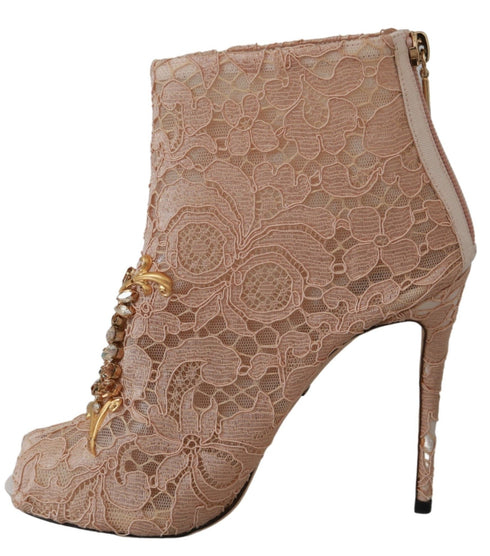 Dolce & Gabbana Lace Crystal Stiletto Booties – Pink Floral Heels for Women
