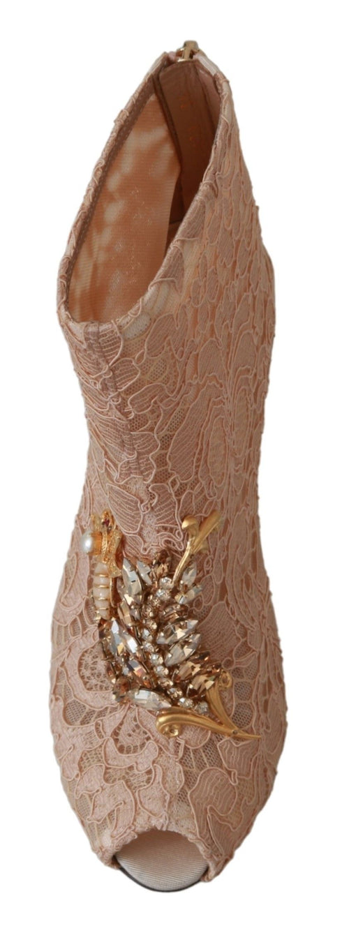 Dolce & Gabbana Lace Crystal Stiletto Booties – Pink Floral Heels for Women