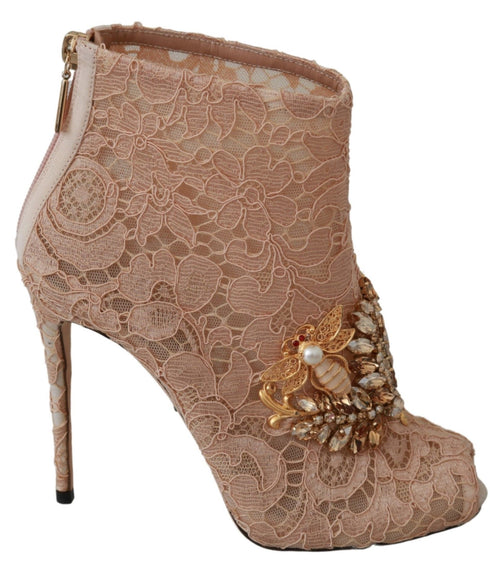 Dolce & Gabbana Lace Crystal Stiletto Booties – Pink Floral Heels for Women