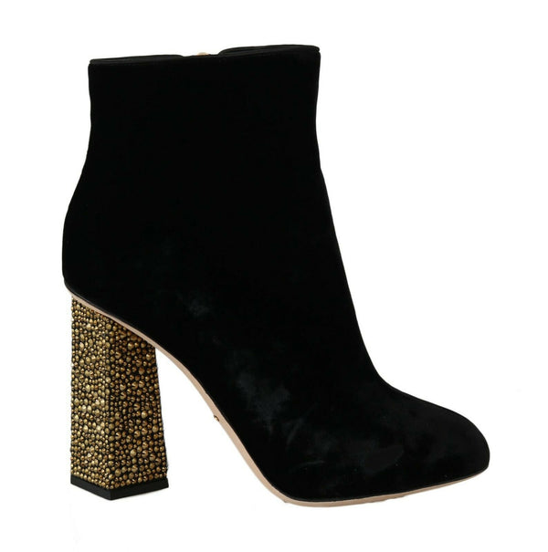 Dolce & Gabbana Black Velvet Ankle Boots with Gold Crystal Heels – Women's Luxury Footwear
