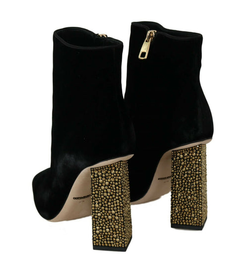 Dolce & Gabbana Black Velvet Ankle Boots with Gold Crystal Heels – Women's Luxury Footwear