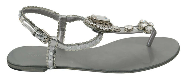 Dolce & Gabbana Crystal Flat Sandals – Silver Metallic Flip Flops for Women