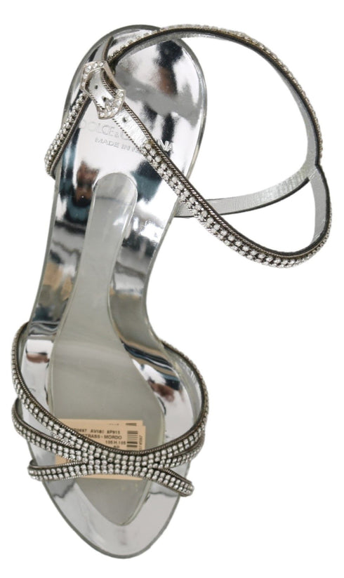 Dolce & Gabbana Crystal Ankle Strap Sandals Silver Leather Women’s Shoes