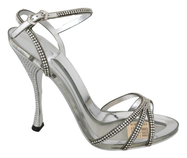 Dolce & Gabbana Crystal Ankle Strap Sandals Silver Leather Women’s Shoes