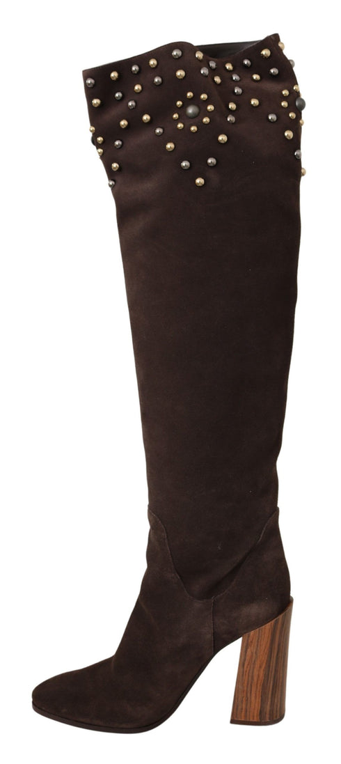 Dolce & Gabbana Studded Knee High Boots Brown Suede Leather Block Heel Shoes for Women