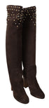 Dolce & Gabbana Studded Knee High Boots Brown Suede Leather Block Heel Shoes for Women