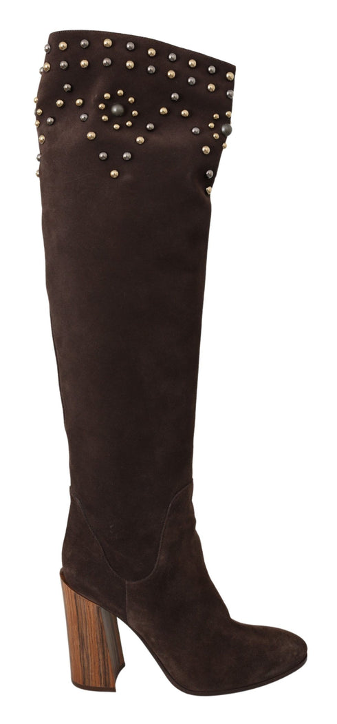 Dolce & Gabbana Studded Knee High Boots Brown Suede Leather Block Heel Shoes for Women