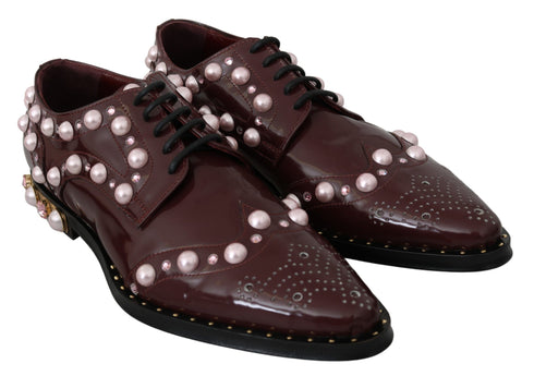 Dolce & Gabbana Women's Bordeaux Leather Crystal Pearl Formal Shoes