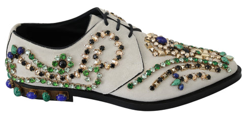 Dolce & Gabbana Dress Brogue Shoes White Suede with Multicolor Crystals – Women’s