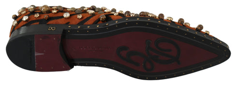 Dolce & Gabbana Dress Brogue Shoes Orange and Black Tiger Pattern Pony Hair with Crystals – Women’s