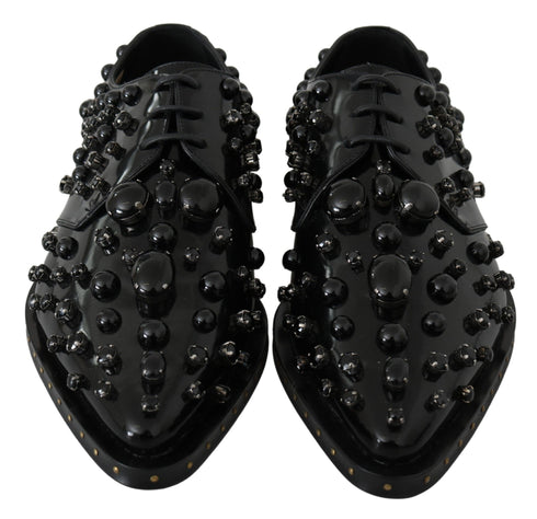 Dolce & Gabbana Dress Brogue Shoes Black Leather with Crystals – Women’s