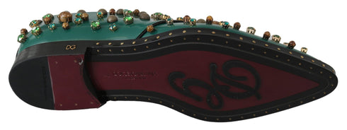 Dolce & Gabbana Dress Brogue Shoes Green Leather with Crystals – Women’s