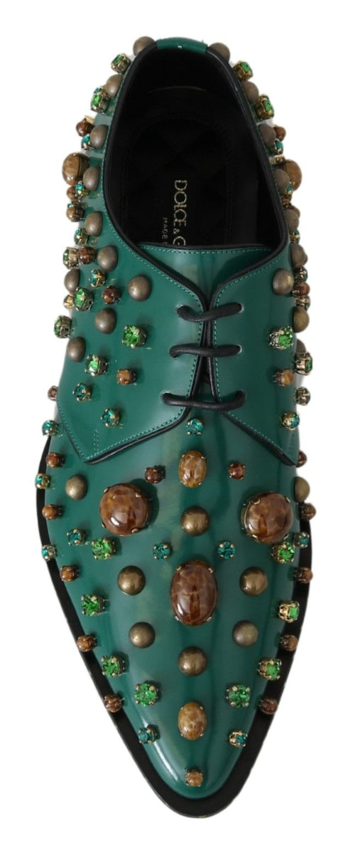 Dolce & Gabbana Dress Brogue Shoes Green Leather with Crystals – Women’s