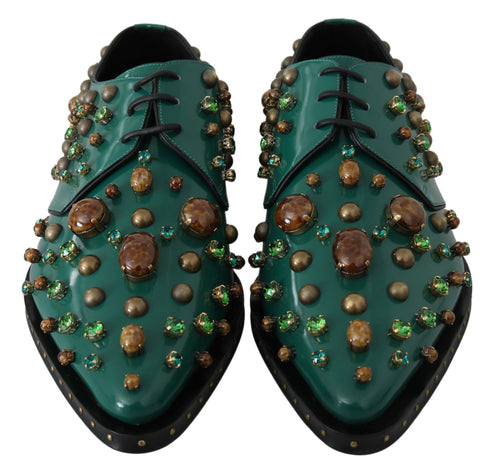 Dolce & Gabbana Dress Brogue Shoes Green Leather with Crystals – Women’s