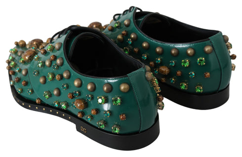 Dolce & Gabbana Dress Brogue Shoes Green Leather with Crystals – Women’s