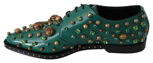 Dolce & Gabbana Dress Brogue Shoes Green Leather with Crystals – Women’s