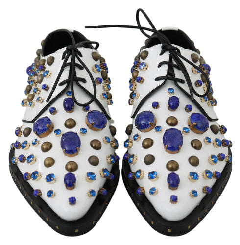 Dolce & Gabbana Dress Brogue Shoes White Leather with Crystals – Women’s