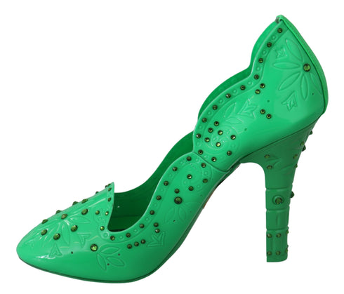 Dolce & Gabbana Women's Green PVC Cinderella Heels – Crystal Floral Pumps