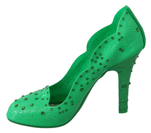 Dolce & Gabbana Women's Green PVC Cinderella Heels – Crystal Floral Pumps
