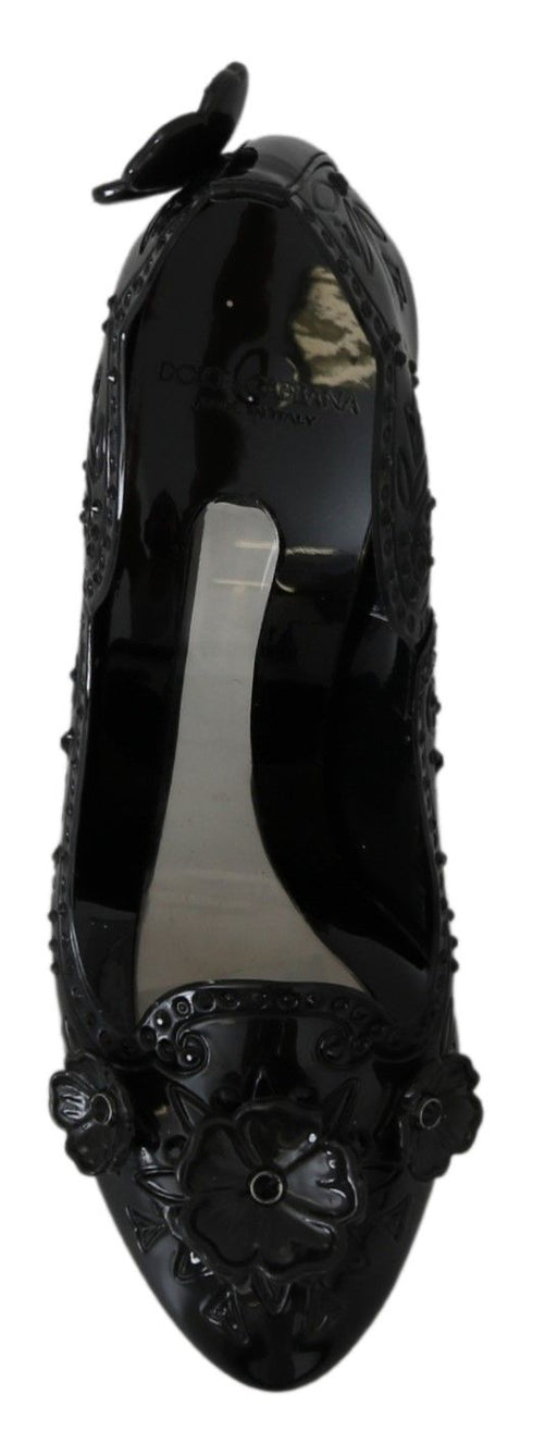 Dolce & Gabbana Black Cinderella Crystal Heels – Floral PVC Pumps for Women