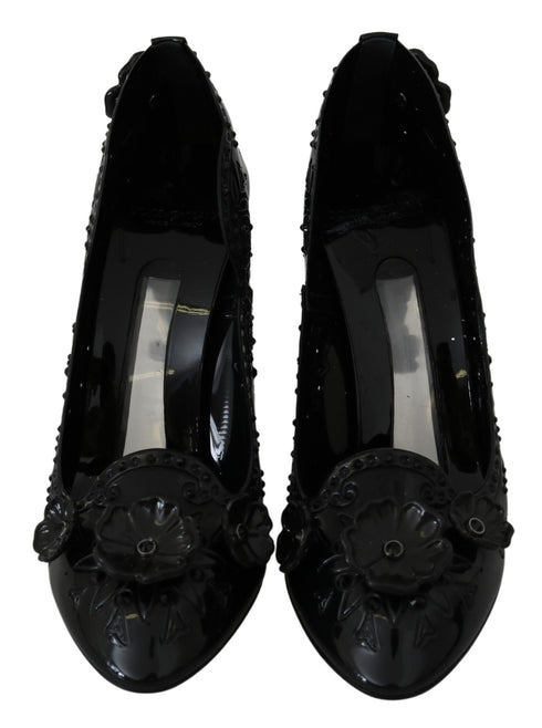 Dolce & Gabbana Black Cinderella Crystal Heels – Floral PVC Pumps for Women