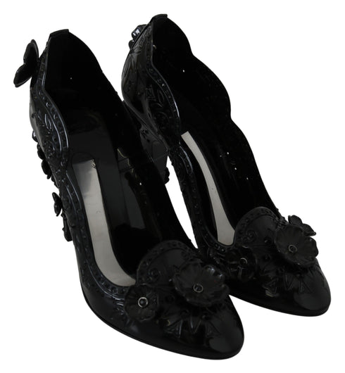 Dolce & Gabbana Black Cinderella Crystal Heels – Floral PVC Pumps for Women