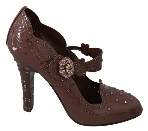 Dolce & Gabbana Brown Cinderella Crystal Heels – Floral PVC Pumps for Women