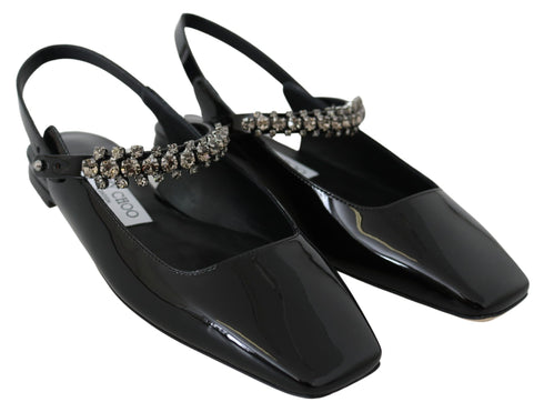 Jimmy Choo Black Patent Leather Flats Sandals with Crystal Strap Accent - Women’s