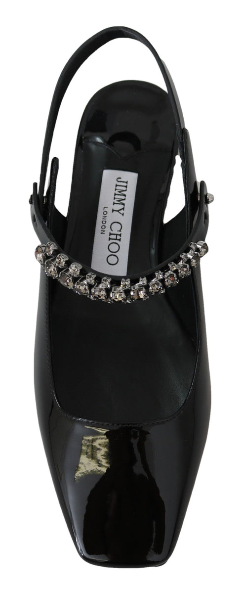 Jimmy Choo Black Patent Leather Flats Sandals with Crystal Strap Accent - Women’s