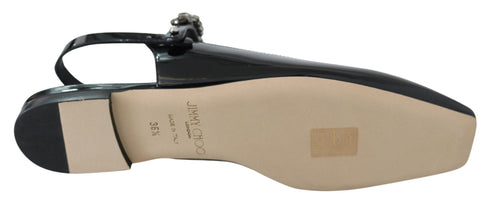 Jimmy Choo Black Patent Leather Flats Sandals with Crystal Strap Accent - Women’s