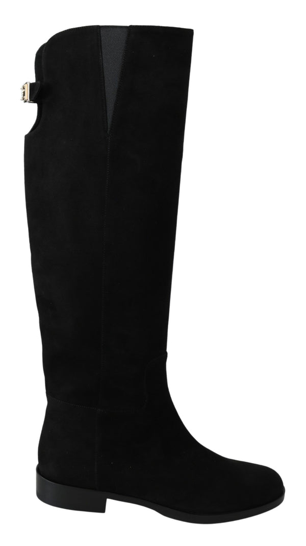 Dolce & Gabbana Black Suede Knee-High Flat Boots – Women’s Boots