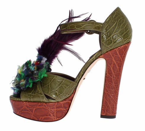 Dolce & Gabbana Ankle Strap Platform Sandals Green Brown Leather Women’s