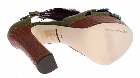 Dolce & Gabbana Ankle Strap Platform Sandals Green Brown Leather Women’s