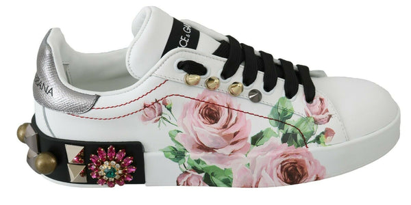 Dolce & Gabbana White Leather Crystal Floral Sneakers – Women's Rose-Print Shoes