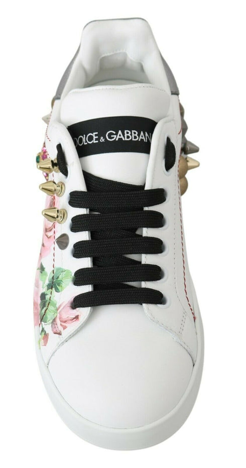 Dolce & Gabbana White Leather Crystal Floral Sneakers – Women's Rose-Print Shoes