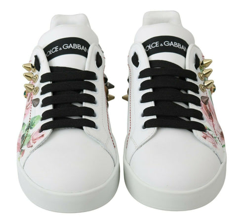 Dolce & Gabbana White Leather Crystal Floral Sneakers – Women's Rose-Print Shoes