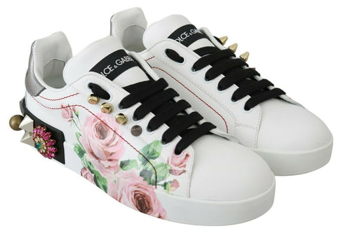 Dolce & Gabbana White Leather Crystal Floral Sneakers – Women's Rose-Print Shoes