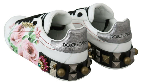 Dolce & Gabbana White Leather Crystal Floral Sneakers – Women's Rose-Print Shoes