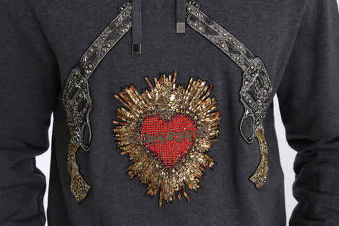 Dolce & Gabbana Gray Hooded Red Crystal Heart Gun Sweater