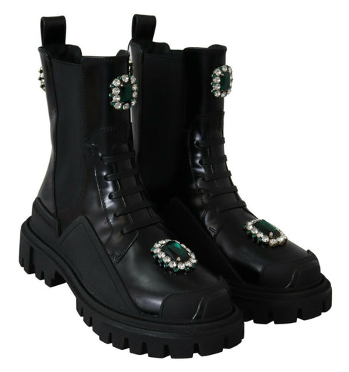 Dolce & Gabbana Black Leather Crystal Combat Boots – Women