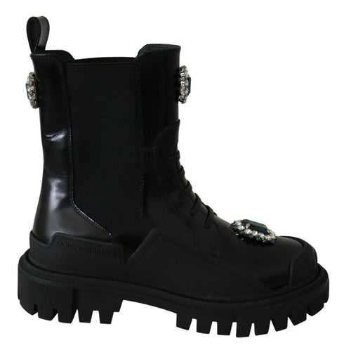 Dolce & Gabbana Black Leather Crystal Combat Boots – Women