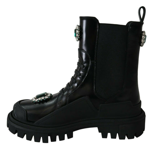 Dolce & Gabbana Black Leather Crystal Combat Boots – Women