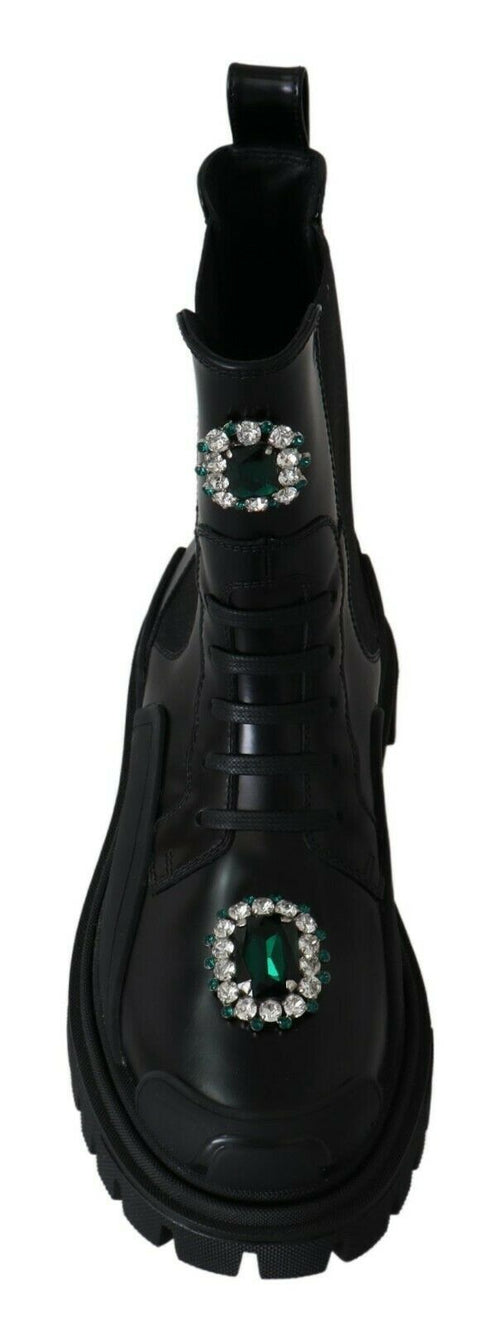 Dolce & Gabbana Black Leather Crystal Combat Boots – Women