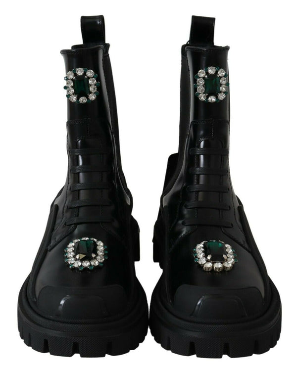 Dolce & Gabbana Black Leather Crystal Combat Boots – Women