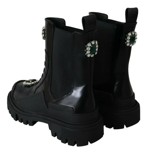 Dolce & Gabbana Black Leather Crystal Combat Boots – Women