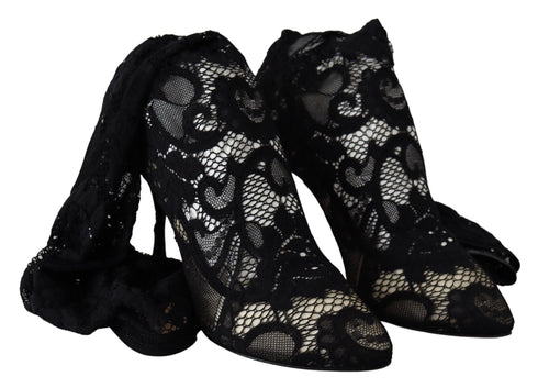 Dolce & Gabbana Taormina Stretch Sock Boots – Black Lace High Heel Pumps for Women
