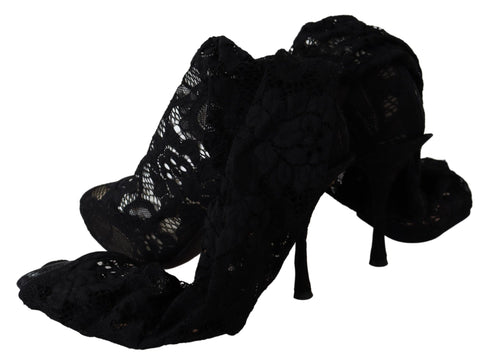 Dolce & Gabbana Taormina Stretch Sock Boots – Black Lace High Heel Pumps for Women