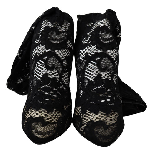 Dolce & Gabbana Taormina Stretch Sock Boots – Black Lace High Heel Pumps for Women